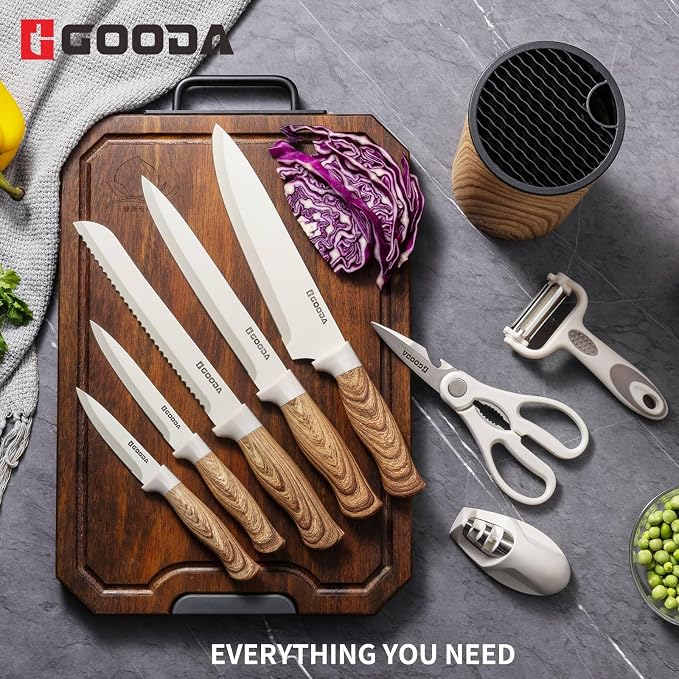 Knife Set,GOODA 9 Piece Kitchen Knife Set with Block and Sharpener, Anti-Rust Stainless Steel Cooking Knives Set for Kitchen, Chef Knife Block Set