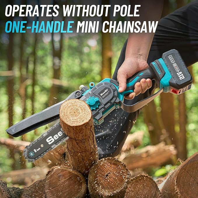 SEESII PS810 2-IN-1 Cordless Pole Saw & Mini Chainsaw, 8-inch Electric Saws Brushless with 2 x 4.0Ah Batteries, 16-Foot MAX, Chain Saw with Extension Pole for Wood Cutting Trimming Branch