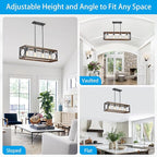 XINGQI Rectangle Chandeliers 31.5" Farmhouse Kitchen Island Lighting Fixture Over Table Modern Vintage Linear Hanging 4-Light for Dining Room Living Room Black Wood Grain Finish with Glass Lampshade