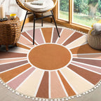 Topotdor Boho Round Area Rug 4ft Sun Rainbow Nursery Rugs for Kids Room, Washable Ultra Soft Circle Area Rug with Pom Poms, Non-Slip Accent Throw Rugs for Bedroom Entryway Living Room Decor