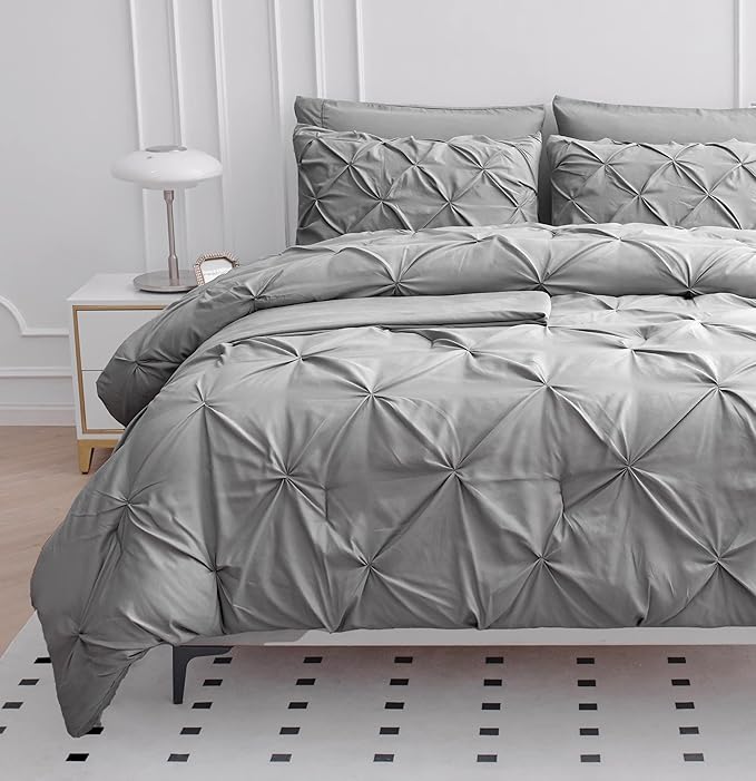 LANE LINEN Twin Comforter Set with Sheets, 5 Piece Twin Bed in a Bag Set, Pintuck Twin Bedding Sets, Ultra Soft Twin Bed Set, Fluffy Comforter, Twin Size Comforter Set with Pillowcases & Shams-Silver