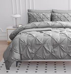 LANE LINEN 7 Piece Queen Comforter Set with Sheets, Pintuck Bedding Queen Size Set, Soft Bed in A Bag Queen, Pinch Pleated Queen Bed Set, Fluffy Queen Bedding Set with Pillowcases & Shams - Silver