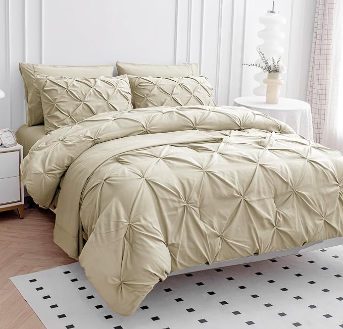 LANE LINEN Twin Comforter Set, 5 Piece Twin Size Bed in a Bag Sets, Pintuck Bedding Sets & Collections with Down Alternative Comforter, Sheets, Pillowcases & Shams, Ultra Soft Twin Bed Set - Linen