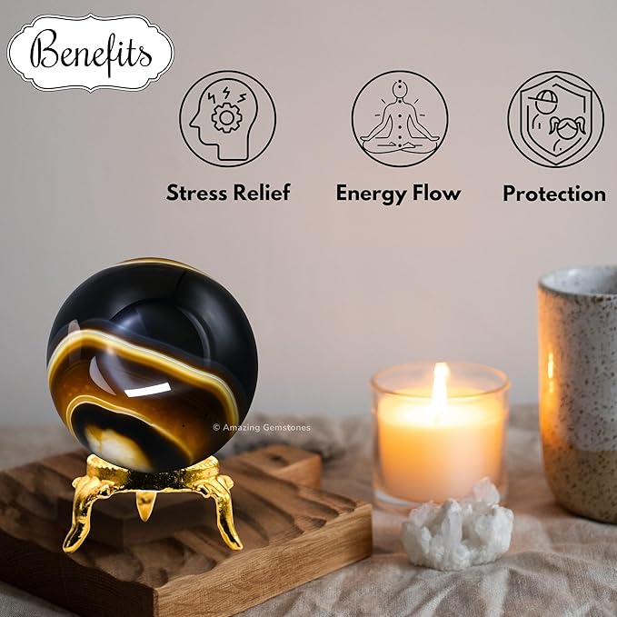 Amazing Gemstone Black Onyx Crystal Ball with Stand - 2" Inches Crystal Sphere Meditation Balls for Witchcraft and Decorative Balls