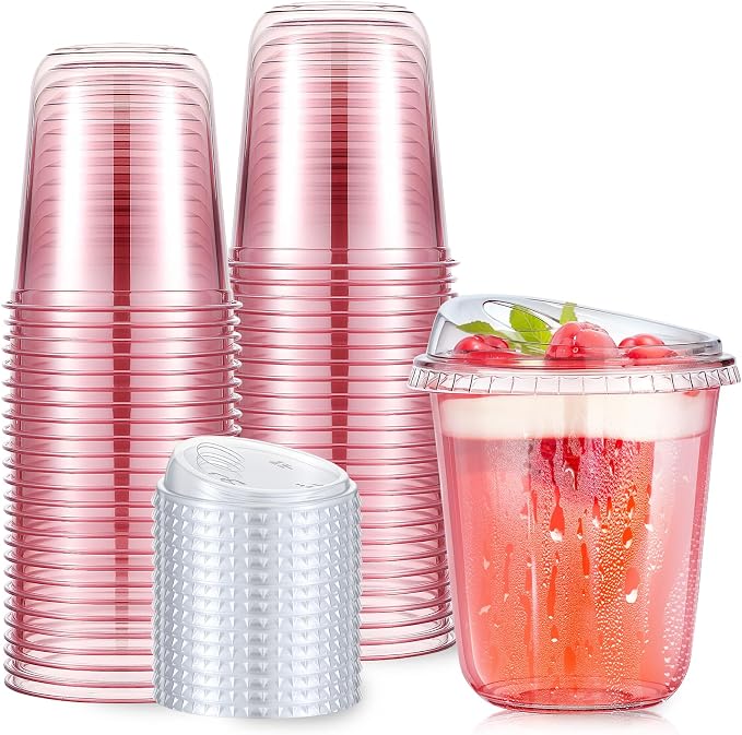 Ziliny 50 Sets Clear Plastic Coffee Cups with Sip Lids, Disposable Plastic PET Crystal Cups for Iced Coffee, Smoothie, Cold Beverage, Drink Shops and Party Catering (Clear Pink,14 oz)