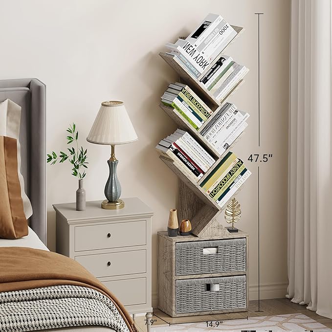 Vagusicc 6 Tier Tree Bookshelf, Modern Floor Standing Bookcase with Storage Drawer, Space Saving Storage Organizer Book Shelves for Books, Tall Wood Storage Rack for Bedroom/Living Room/Home Office