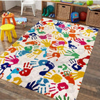 Large Colorful Kids Rug 6x9 Ft, Non-Slip Washable Rug for Classroom, Handprints and Footprints Rugs for Playroom, Soft Nursery Rug Indoor Play Mat for Kids Room Daycare School