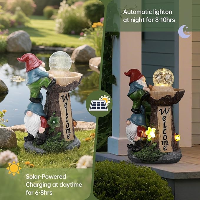 Solar Gnome Statue with Glowing Globe Light,Weatherproof Resin Garden Figurine Decor Auto On/Off - for Patio,Yard & Housewarming Gift (Reminder: IT is NOT A Real Fountain)