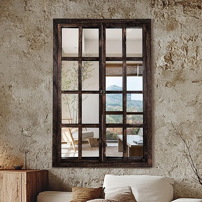 Wall Mirror with Window Design, 36"x24" Rustic Farmhouse Wood Mirror for Wall Decor, Decorative Vintage Mirror for Living Room, Bedroom, Entryway