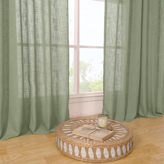 LAMIT Living Room Linen Curtains 90 Inch for Bedroom, Bronze Grommet Linen Textured Sheer Curtains Light Filtering Burlap Drapes for Farmhouse, 2 Panels, 52 x 90 Inch, Sage Green