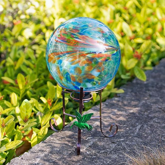 10 Inch Glass Gazing Ball, with 9.4" Tall Metal Gazing Globe Stand, Glass Balls Display Holder Set for Outdoor Garden Lawn Yard Decoration, Blue Artistic