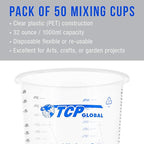 TCP Global 32 oz. (1000ml) Graduated Plastic Mixing Cups (Box of 50) - Disposable Plastic Measuring Cups for Liquids, Paints, Resin, Epoxy, Art, Kitchen - Ratios 2-1, 3-1, 4-1 ML