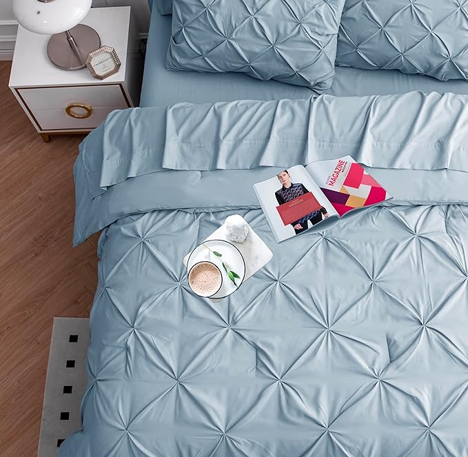 Lane Linen California King Comforter Set, 7 Piece Cal King Bed in a Bag, Pintuck Cal King Bedding Set, Soft Cali King Bed Set, Cal King Bed Comforter Set with Sheets, Pillowcases & Shams - French Blue