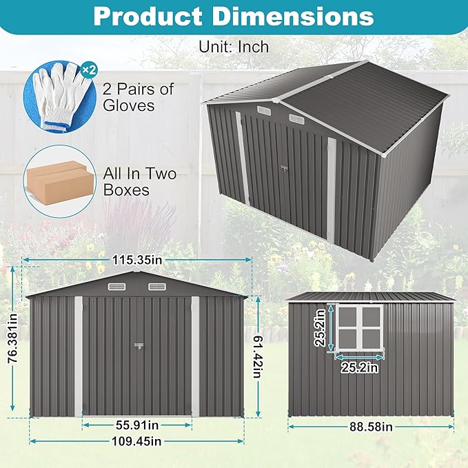 10x8 FT Outdoor Storage Shed, Large Metal Tool Shed with Peaked Roof and Lockable Door, Galvanized Steel Garden Shed with Clear Window for Backyard Garden Patio Lawn, Gray