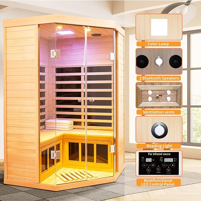 Infrared Sauna 2-3 Person Infrared Saunas for Home, Indoor Corner Sauna Spa Low Emf Infrared Sauna with 7 Color Therapy Dry Sauna for Home,2 Bluetooth Speakers, 2 LED Reading Lamp