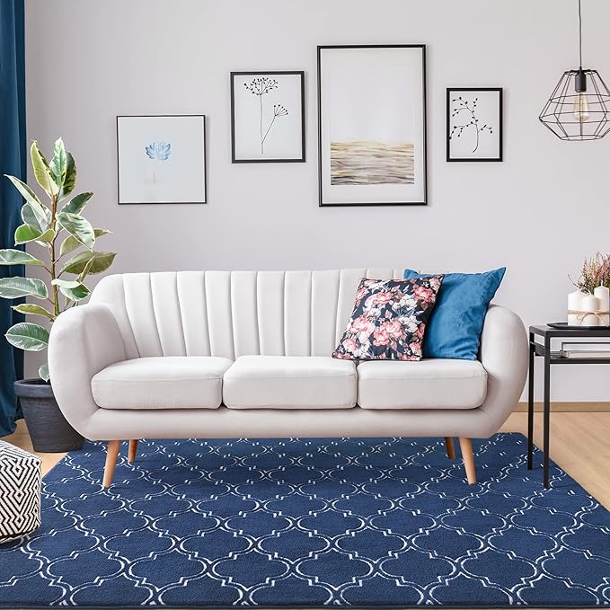 Chicrug Shag Geometric Modern Area Rug for Bedroom, 5x7 Feet Memory Foam Indoor Carpet, Fluffy Rug for Living Room Bedside Room Decor for Family Girls Kids Nursery Play Mat, Navy/White