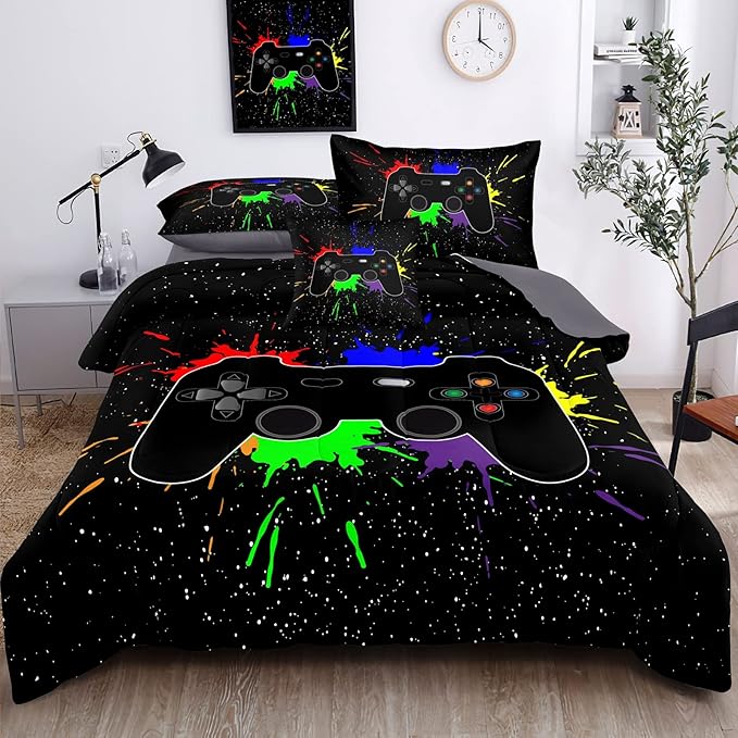 Kids Gaming Bedding Sets, 6 Piece Gamer Comforter Sets for Teens Boys Queen Size for Bedroom Comforter Set Adult 3D Gamepad Microfiber Bedding Sets Fits All Season