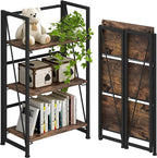 4NM No-Assembly Folding Bookshelf Storage Shelves 3 Tiers Vintage Bookcase Standing Racks Study Organizer Home Office (Rustic Brown and Black)