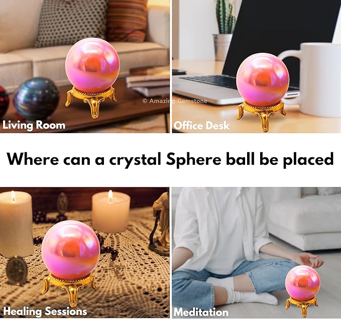 Amazing Gemstone Angel Aura Rose Quartz Crystal Ball with Stand - 2" Inches Crystal Sphere Meditation Balls for Witchcraft and Decorative Balls
