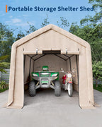 6x6FT Outdoor Portable Storage Shed with Roll-Up Door & Vent, 240G Heavy-Duty Shelter Waterproof PE Tarp, UV-Resistant Storage Sheds for Motorcycle, Firewood, Garden and Tools, Gray (Khaki, 10x15FT)