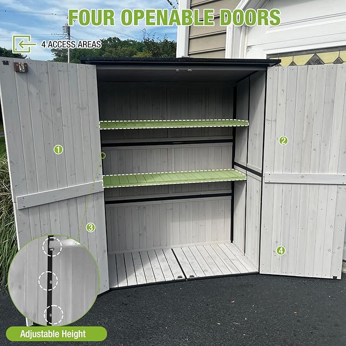 GUTINNEEN Outdoor Storage Shed with Metal Frame,Wooden Tool Cabinet with Adjustable Shelfs, House Garden Shed for Backyard Garden Patio Lawn