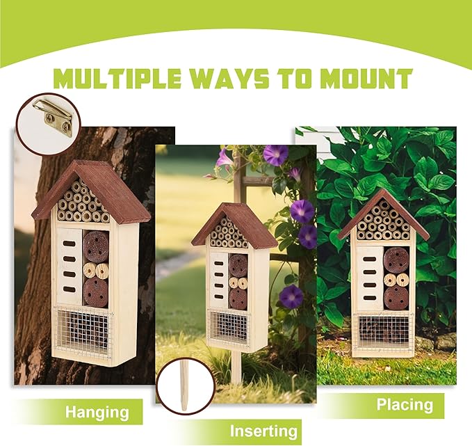 Lulu Home Wooden Insect House with Stake, Hanging & Inserting Two Mount Ways Insect Hotel for Bee, Butterfly, Ladybirds, Beneficial Insect Habitat, Bug Hotel Garden, 19.7 X 3.4 X 5.4 Inch
