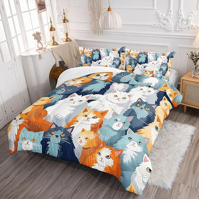 Datura home Kids Comforter Set Cute Cats Printed Pattern Bedding Set with 1 Comforter and 2 Pillowcases for Girls Boys Bedroom All Season(Cat Twin)