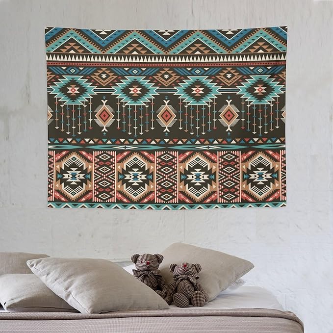 HZOHNAGO Aztec Tapestry Turquoise Blue and Brown and Native American Tribal Pattern Printed Wall Tapestry Wall Hanging for Bedroom Living Room Dorm 40" W x 30" H