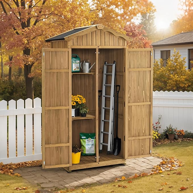Macrout Outdoor Storage Cabinet, 75 Inches Lockable Wooden Storage Shed with Removable Shelves, Tall Tool Shed with for Yard Patio Lawn, 1165