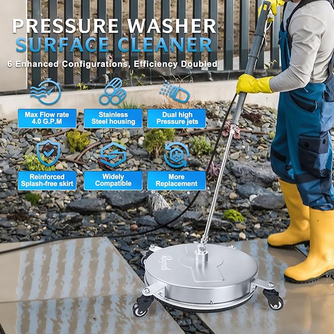 RAYNEL 18'' Pressure Washer Surface Cleaner with 4 Wheels, Stainless Steel Housing, 1/4" Quick Plug, 2 Extended Wands, 2 Replacement Nozzles and 5 Spray Nozzles
