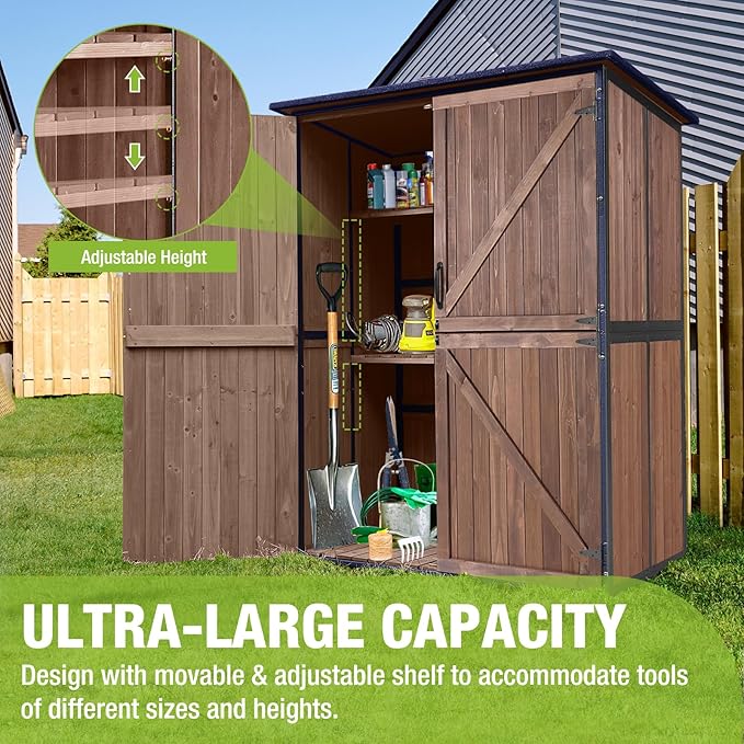 Storage Shed Outdoor Cabinet with Strong Iron Frame Large Wooden Garden Shed Tool House with Adjustable Shelfs,Brown