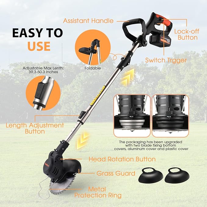 21V Electric Weed Eater, Cordless Brush Cutter Trimmer with Adjustable Pole & Battery-Powered, Lightweight & Low Noise, Foldable 3-in-1 Weed Wacker for Outdoor, Garden and Yard Use