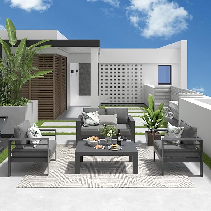 Solaste Outdoor Aluminum Furniture Set - 4 Pieces Patio Sectional Chat Sofa Conversation Set with Table,Grey
