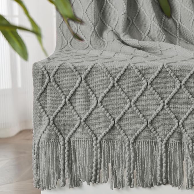 inhand Knitted Throw Blankets for Couch and Bed, Soft Cozy Knit Blanket with Tassel, Light Grey Lightweight Decorative Blankets and Throws, Farmhouse Warm Woven Blanket for Men and Women, 50"x60"