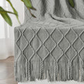 inhand Knitted Throw Blankets for Couch and Bed, Soft Cozy Knit Blanket with Tassel, Light Grey Lightweight Decorative Blankets and Throws, Farmhouse Warm Woven Blanket for Men and Women, 50"x60"