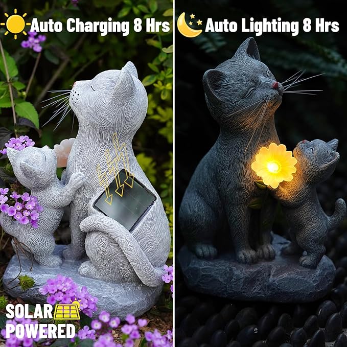 Solar Cat Garden Statue Outdoor Decor - Mother & Kitten Figurines with Flower LED Light, Outside Yard Art Patio Balcony Lawn Ornament, Unique Gifts for Cat Lover