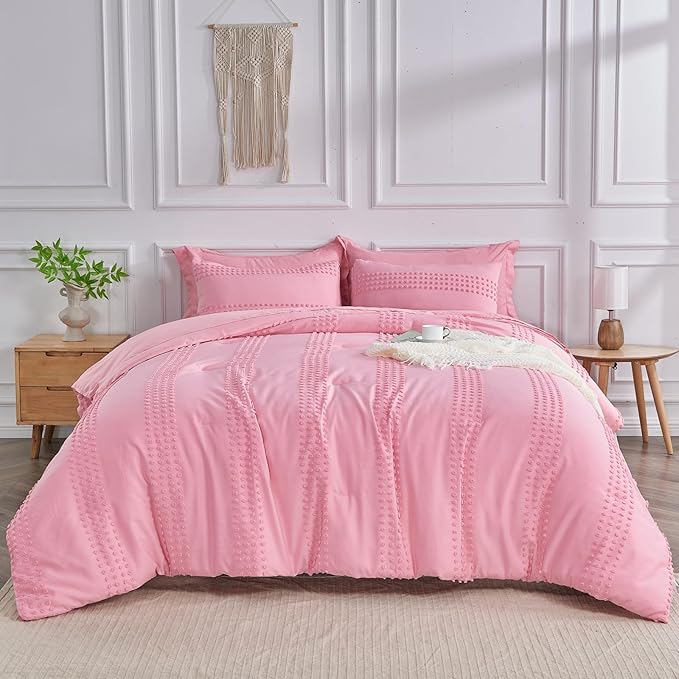 ENJOHOS Girls Full Size Comforter Bedding Sets Pink, 3 PCS Boho Comforter with Tufted Dots, Shabby Chic Bedding Comforter for All Season, Lightweight Fluffy Microfiber Comforter with 2 Pillowcases