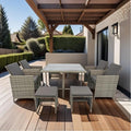 9 Pieces Patio Dining Outdoor Furniture, Space Saving Rattan Chairs with Glass Table, Cushioned Seating and Back Sectional Conversation Set, Zm-Grey