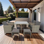 9 Pieces Patio Dining Outdoor Furniture, Space Saving Rattan Chairs with Glass Table, Cushioned Seating and Back Sectional Conversation Set, Zm-Grey