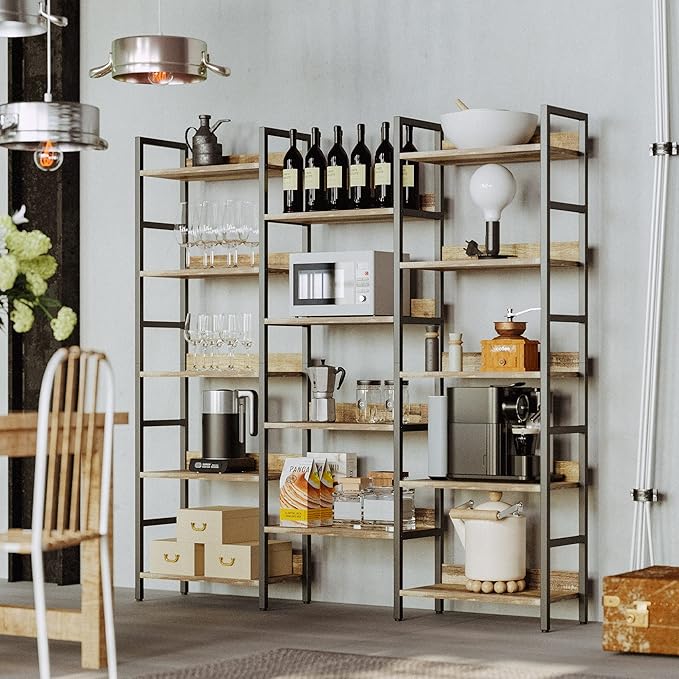 IRONCK Bookcases and Bookshelves Triple Wide 5 Tiers Industrial Bookshelf with Baffles Large Etagere Bookshelf with Metal Frame for Living Room Home Office