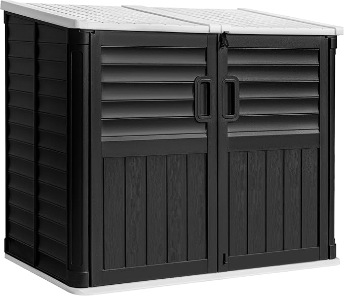 Devoko Resin Outdoor Storage Shed, 34 Cu Ft Outdoor Storage Cabinet Without Shelf, Waterproof, Double Locks, Resin Storage for Trash Can, Garden Tools, Pool Supplies (Black)