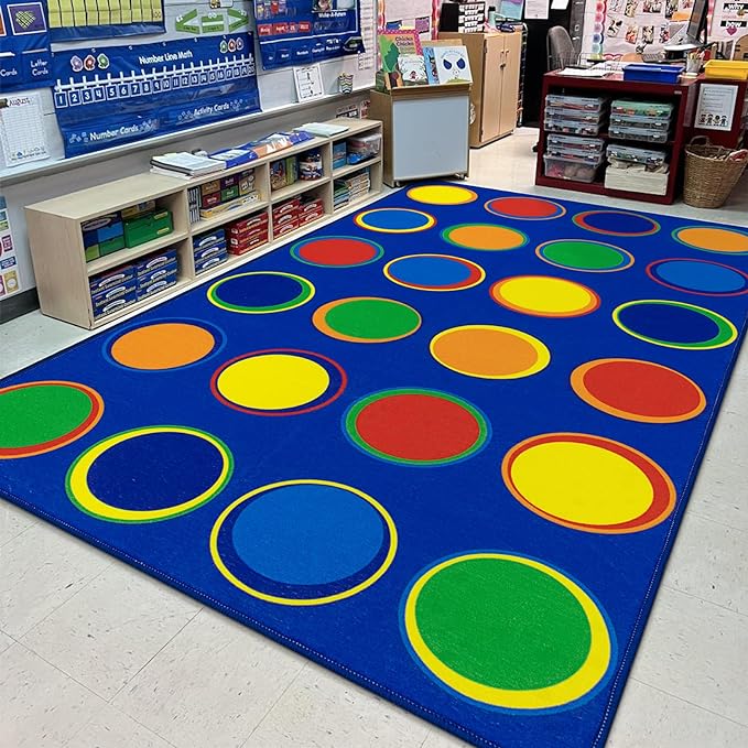 LIVEBOX Sitting Spots Kids Rug for Classroom, Washable School Learning Area Rugs, Colorful Preschool Kids Classroom Carpet Non-Slip Playroom Mat for Daycare Learning,13'x7'5"(Seats-24)