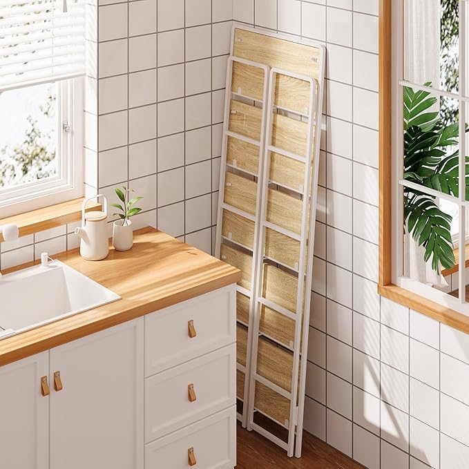 4NM No-Assembly 5 Tiers Folding Bookshelf Storage Shelves Vintage Bookcase Standing Racks Study Organizer Home Office (Natural and White)