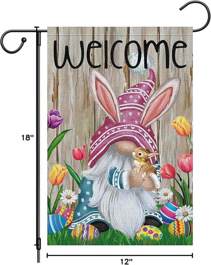 Welcome Easter Gnome Garden Flag 12x18 Double Sided Burlap, Funny Bunny Floral Small Yard Flag Banner for Holiday Farmhouse Outdoor Decor (ONLY FLAG)