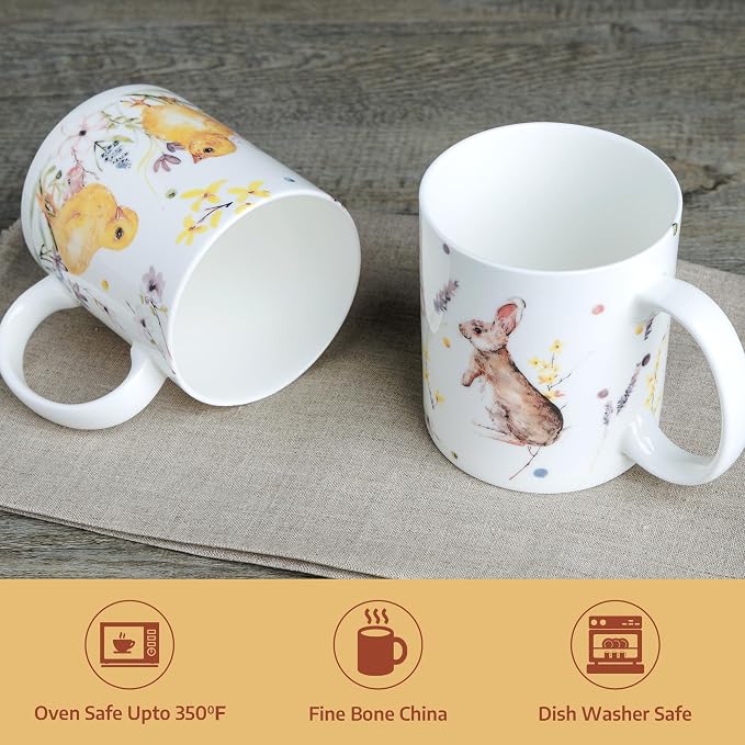Maison d' Hermine Coffee Mug with Handles Tea Cups (12 Ounce, Pack of 2) | Fine Bone China Coffee Mugs for Hot Beverages Cappuccino Latte Home Restaurant Hotel Spring Summer -Easter Zest