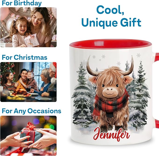 Hyturtle Personalized Winter Highland Cow Coffee Mug for Christmas Birthday | Highland Cow Lovers Gift Ideas for Women Men - 11oz Two Tone Color Red/White Ceramic Tea Mug Cup, Comfort grip handle