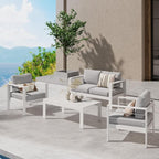 Wisteria Lane Outdoor Patio Furniture Set, 4 Pieces Aluminum Sectional Sofa, Metal Patio Conversation Set with Loveseat, 5 Inch Light Grey Cushion and Coffee Table (White & Light Grey)