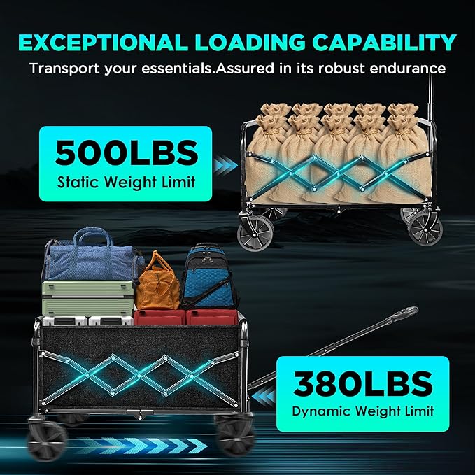 Wagons Carts Foldable, Collapsible Wagon Cart with Wheels, Large Wagons Carts Foldable with Wheels for Sand Sports Camping Grocery, Black