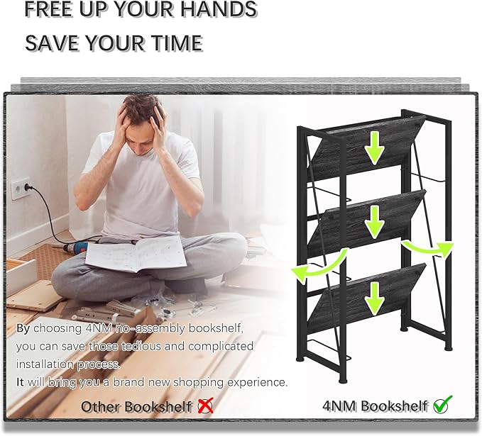 4NM No-Assembly Folding Bookshelf Storage Shelves 3 Tiers Vintage Bookcase Standing Racks Study Organizer Home Office (Gray and Black)