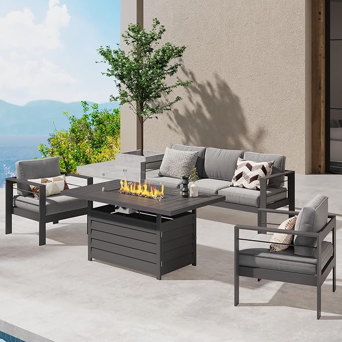Wisteria Lane Aluminum Patio Furniture Set, 4 Pcs Metal Outdoor Furniture Set with CSA Certified 54in Propane Gas Fire Pit Table, Patio Conversation Set with 5in Olefin Cover Cushions, Dark Grey